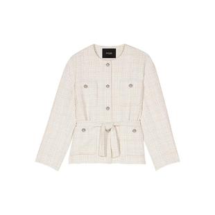 Maje2025春秋女装法式时尚淡褐色系带单排扣粗花呢圆领长袖外套