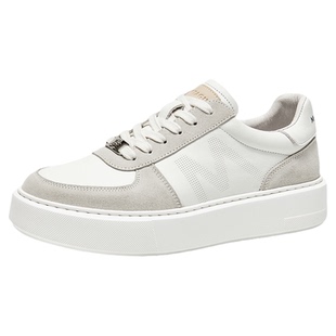 梦特娇男休闲皮鞋春季头层牛皮工作鞋夏季透气板鞋运动增高小白鞋