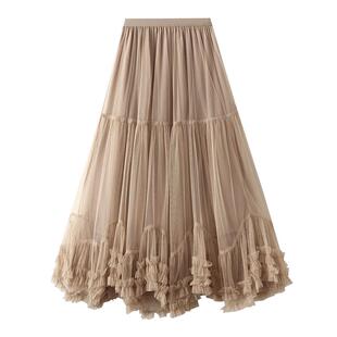 超大摆设计感时尚网纱半身裙甜美木耳花边a字大摆蓬蓬裙8023