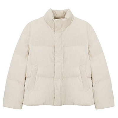 浅米色立领灯芯绒短款羽绒服