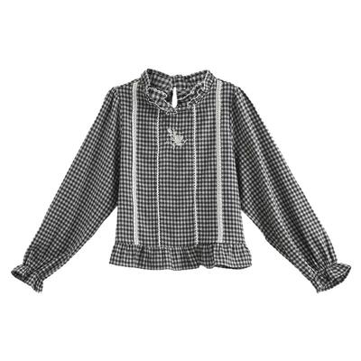 森女部落甜美蕾丝拼接设计感格子衬衫女新款29.3%莱赛尔百搭上衣