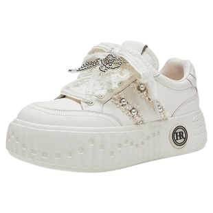 HR赫莲娜板鞋2026春季新款休闲女鞋子厚底时尚珍珠系带小白鞋原创