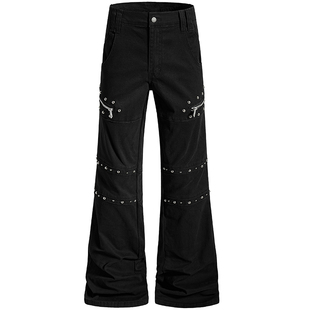 OV原创美式轻亚风拉链铆钉设计休闲裤男女修身直筒酷飒微喇叭长裤