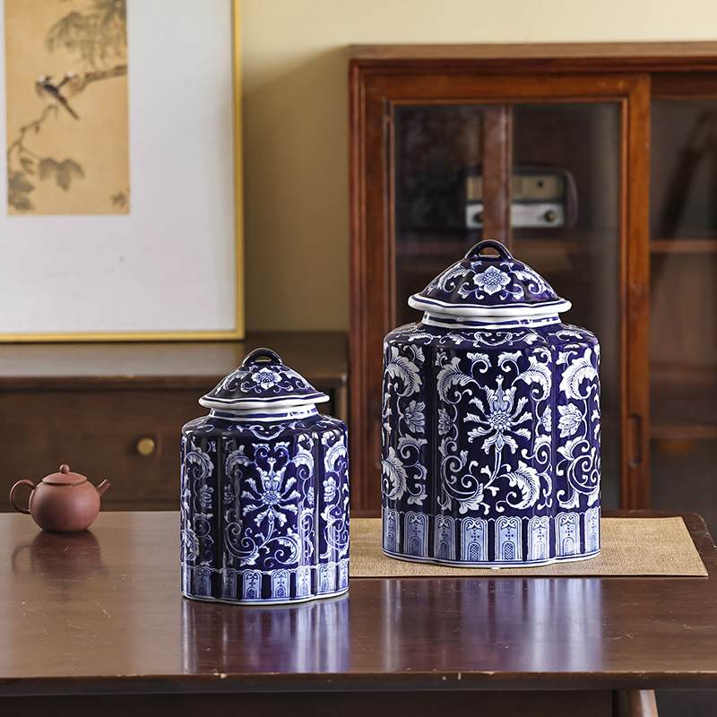新中式青花瓷缠枝陶瓷盖罐陶瓷花瓶可水培别墅陶瓷花瓶高级感摆件