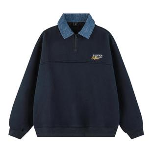 港仔文艺男420g重磅刺绣半拉链卫衣男春秋美式男生撞色polo领外套