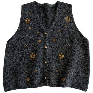 复古深灰色V领纽扣开衫毛衣马甲女宽松慵懒叠穿无袖针织背心秋冬