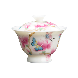 妙莲天香王作军大师手绘《春信如蝶》两才盖碗高端白玉汝瓷泡茶碗