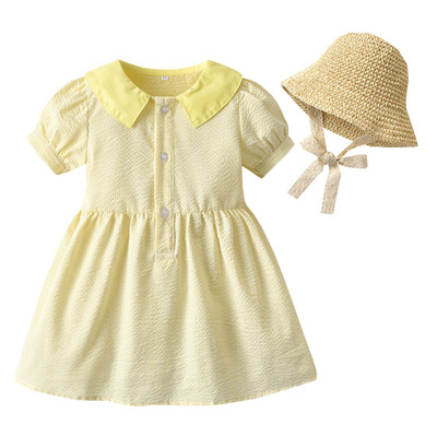 时尚夏轻薄姐弟装女宝泡泡棉纱连衣裙遮阳草帽男童田园风兄妹套装