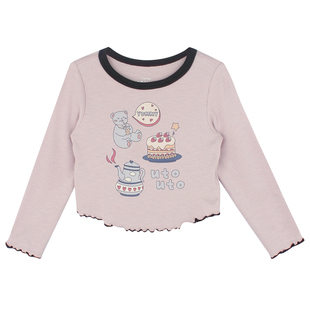 大耳象女童撞色领印花T恤2026春季新款宝儿短款休闲百搭长袖上衣