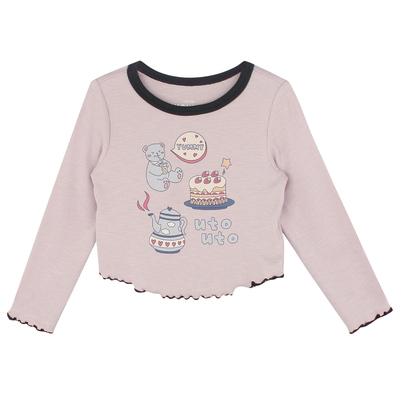 大耳象女童撞色领印花T恤2026春季新款宝儿短款休闲百搭长袖上衣