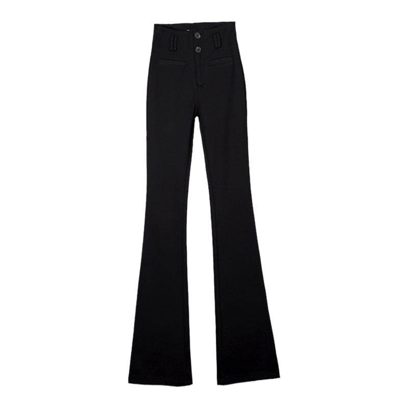 冬季新款加绒排扣黑色修身高腰显瘦垂感弹力加长复古女微喇叭女裤