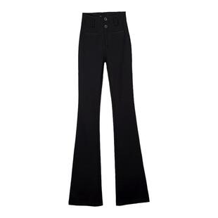 冬季新款加绒排扣黑色修身高腰显瘦垂感弹力加长复古女微喇叭女裤