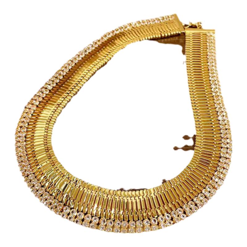 中古夸张宽版金色表带镶钻颈链vintage小众轻奢气质软项链choker