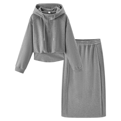 森马抓绒拼接卫衣开叉长裙套装女