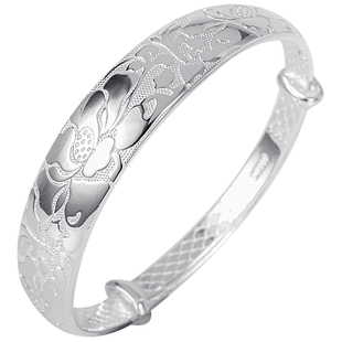 9999纯银手镯女莲花推拉爱莲说白银镯子足银饰送妈妈奶奶长辈礼品