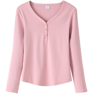 短款纯棉V领长袖t恤女春秋2025新款修身打底衫内搭上衣可外穿小衫