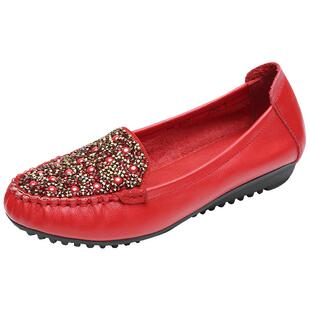 春秋女鞋真皮软底平底单鞋浅口舒适妈妈鞋豆豆鞋夏季大码红色皮鞋