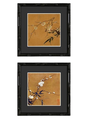 《梅竹图》法式中古风装饰画餐厅卧室双联花鸟正方形黑色装饰画