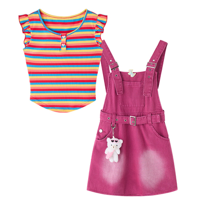 甜酷风树莓粉牛仔背带裙