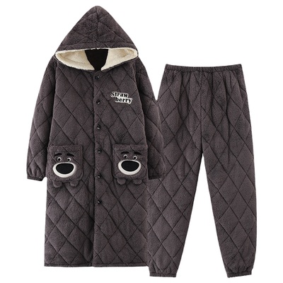 芬腾正品秋冬季珊瑚绒夹棉男睡衣