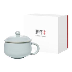 雅瓷汝窑陶瓷马克杯带盖天青开片
