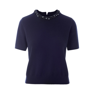 朗姿集团LIME莱茵重工钉珠香风羊毛衫25秋新款圆领短袖针织套头衫