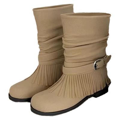 平底西部靴流苏皮带扣靴子女复古