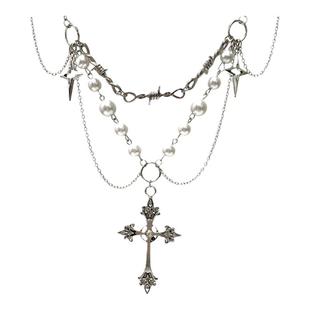 甜酷多层叠戴珍珠十字架项链女颈链轻奢配饰y2k百搭亚文化朋克风