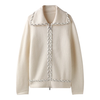 小香风手工拷边羊绒拉链开衫