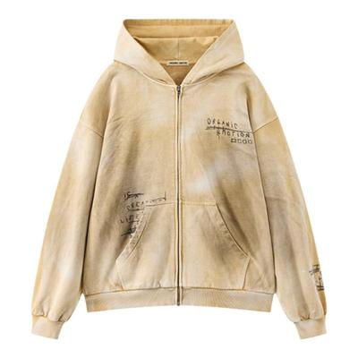 复古做旧水浆印花连帽卫衣