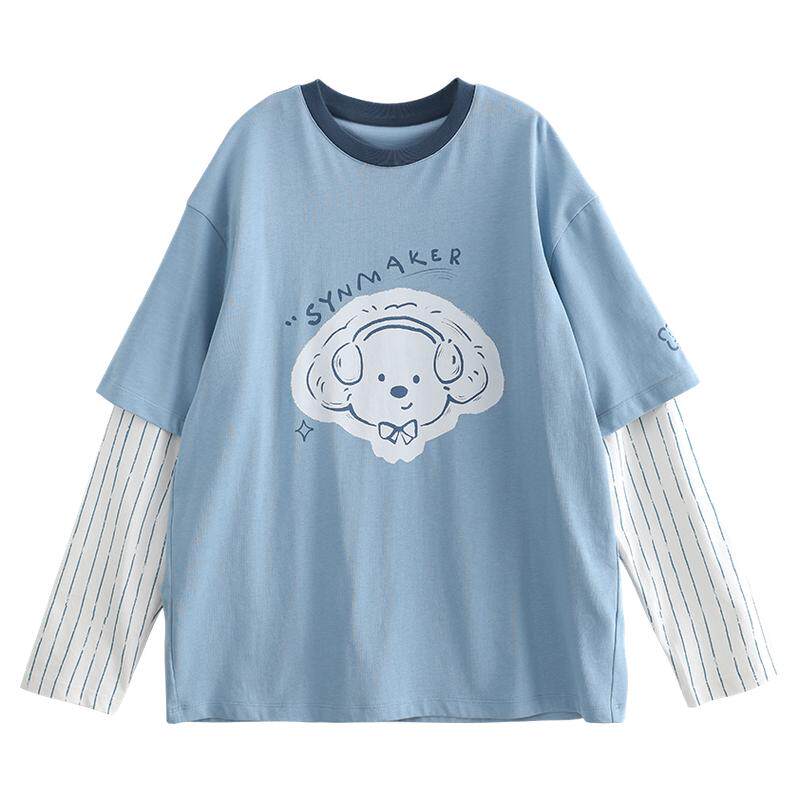 诺诺公主S1N初中生春季假两件条纹宽松长袖女洋气女大童青少年T恤