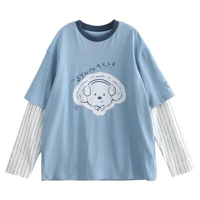 诺诺公主S1N初中生春季假两件条纹宽松长袖女洋气女大童青少年T恤