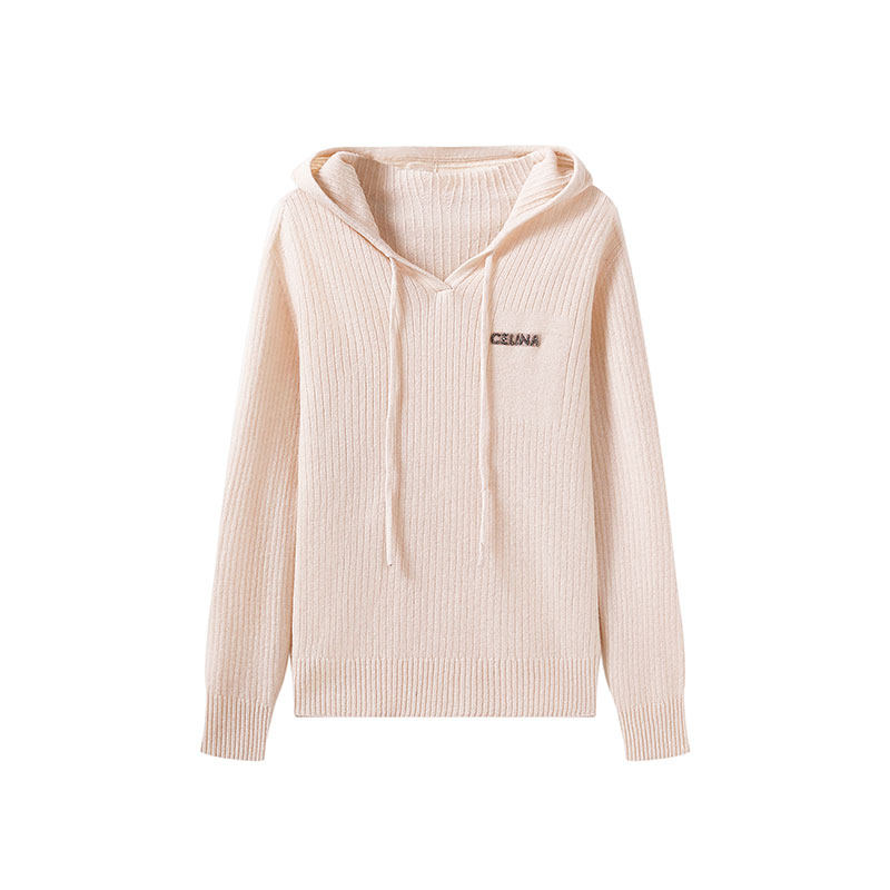 【100%绵羊毛】简约连帽无缝针织衫女春季新款宽松时尚羊毛衫