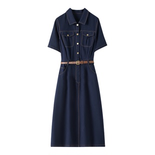 2026新款百家好牛仔短袖连衣裙女轻奢高级感夏季收腰显瘦时尚长裙