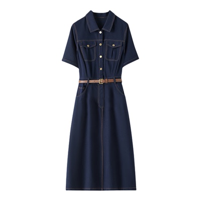 百家好轻奢短袖牛仔蓝连衣裙