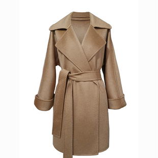 M@xMa*a经典GAS轻奢翻领水波纹厚实手工双面山羊绒羊毛短款大衣女