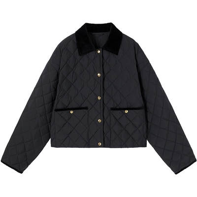 有兰菱格纹短款翻领羽绒服