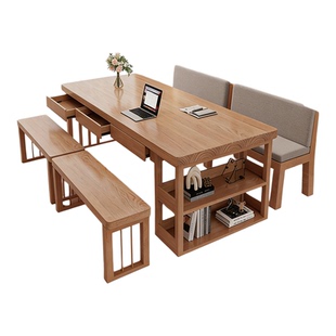 实木大书桌书架一体带抽屉学习桌阅读桌去客厅化家用长桌子工作台