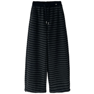 裤脚可收口！软糯条纹显瘦垂感宽松直筒加厚加绒休闲阔腿裤女冬季