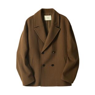 经典粗斜纹肌理羊毛混纺全衬西装领大翻领毛呢短款大衣外套男秋冬
