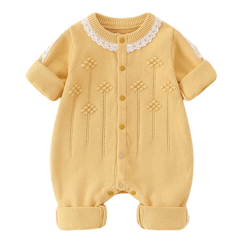 婴儿衣服春秋连体毛衣女宝宝满月公主服黄色棉线爬服可爱潮流套装