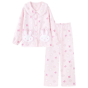 miffy米菲兔法兰绒加绒加厚冬季娃娃领睡衣女可爱卡通少女风粉色