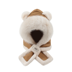 拼色小熊毛绒帽子围巾一体女冬季防寒加绒加厚围脖护耳保暖两件套