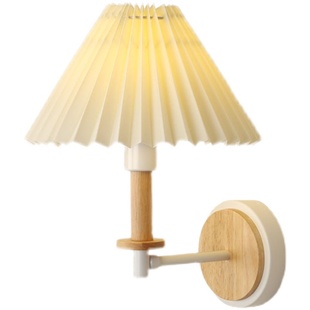 北欧实木百褶壁灯ins少女日式床头卧室壁灯民宿书房简约布艺灯具