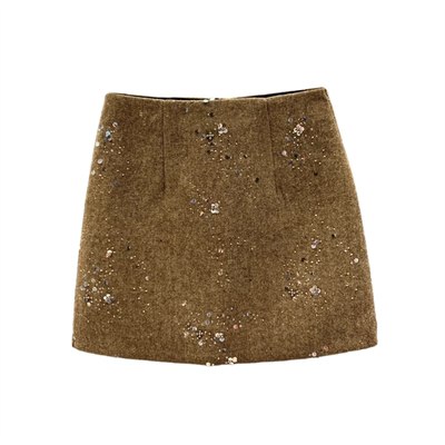 重工亮片毛呢半身裙高腰A字短裙