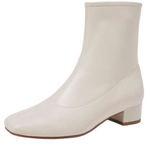 康莉新款羊皮靴子女秋冬加绒保暖通勤气质粗跟瘦瘦靴白色短靴