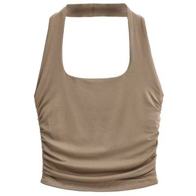 抽褶挂脖U领背心短款露背吊带