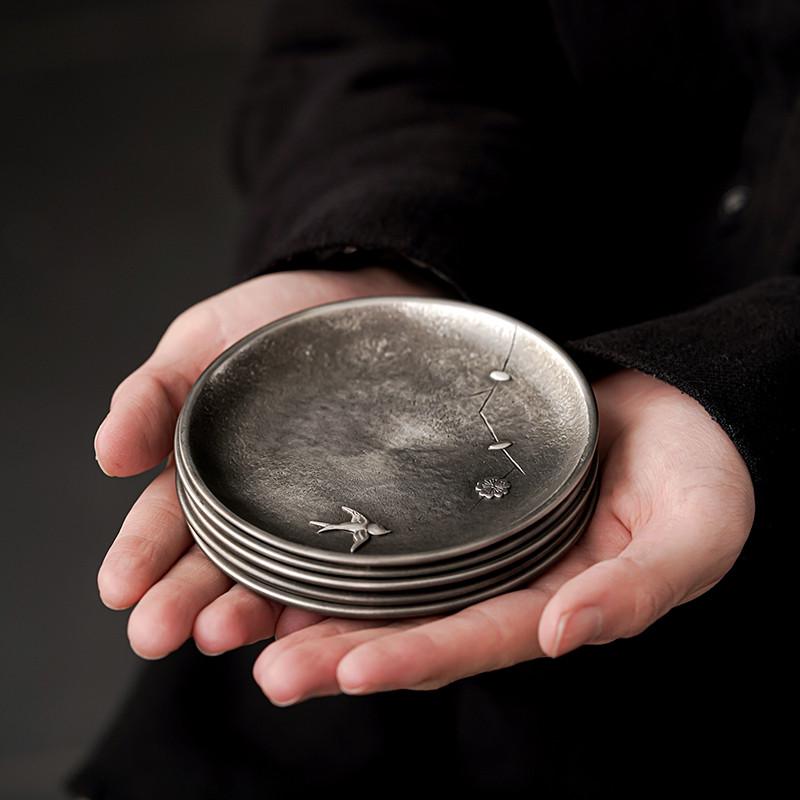 日式纯锡茶杯垫复古茶杯托隔热防滑做旧老锡茶托杯垫壶承茶道零配