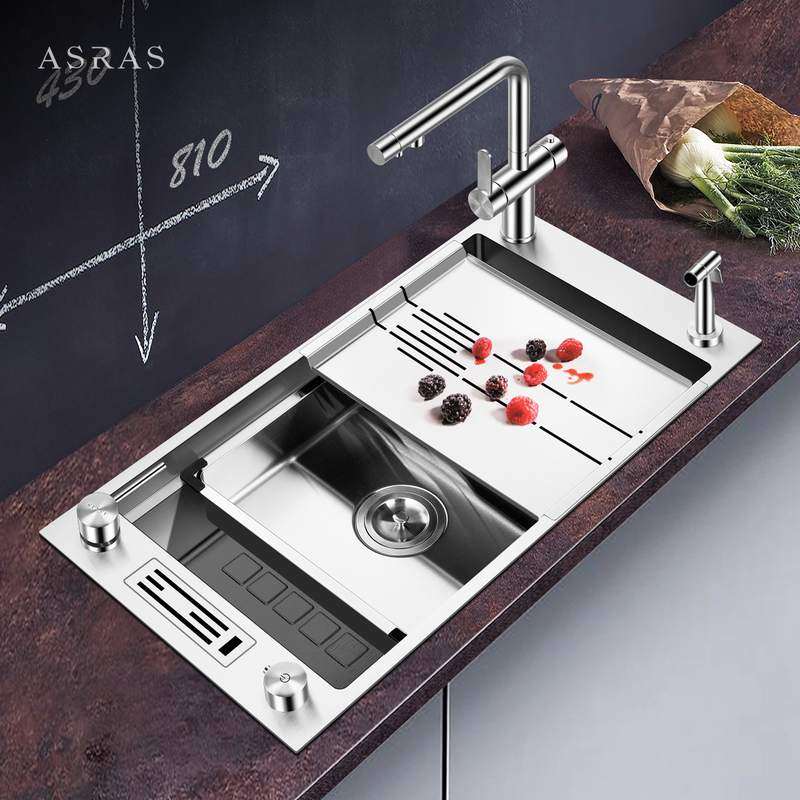 阿萨斯厨房手工水槽套餐4MM加厚304不锈大单槽阶梯式洗菜盆台下盆,家装主材,水槽套餐,淘宝优惠券,粉丝福利购,淘宝优惠卷