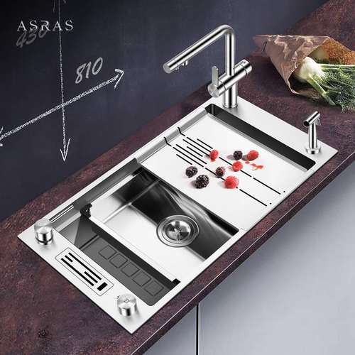 阿萨斯厨房手工水槽套餐4MM加厚304不锈大单槽阶梯式洗菜盆台下盆
